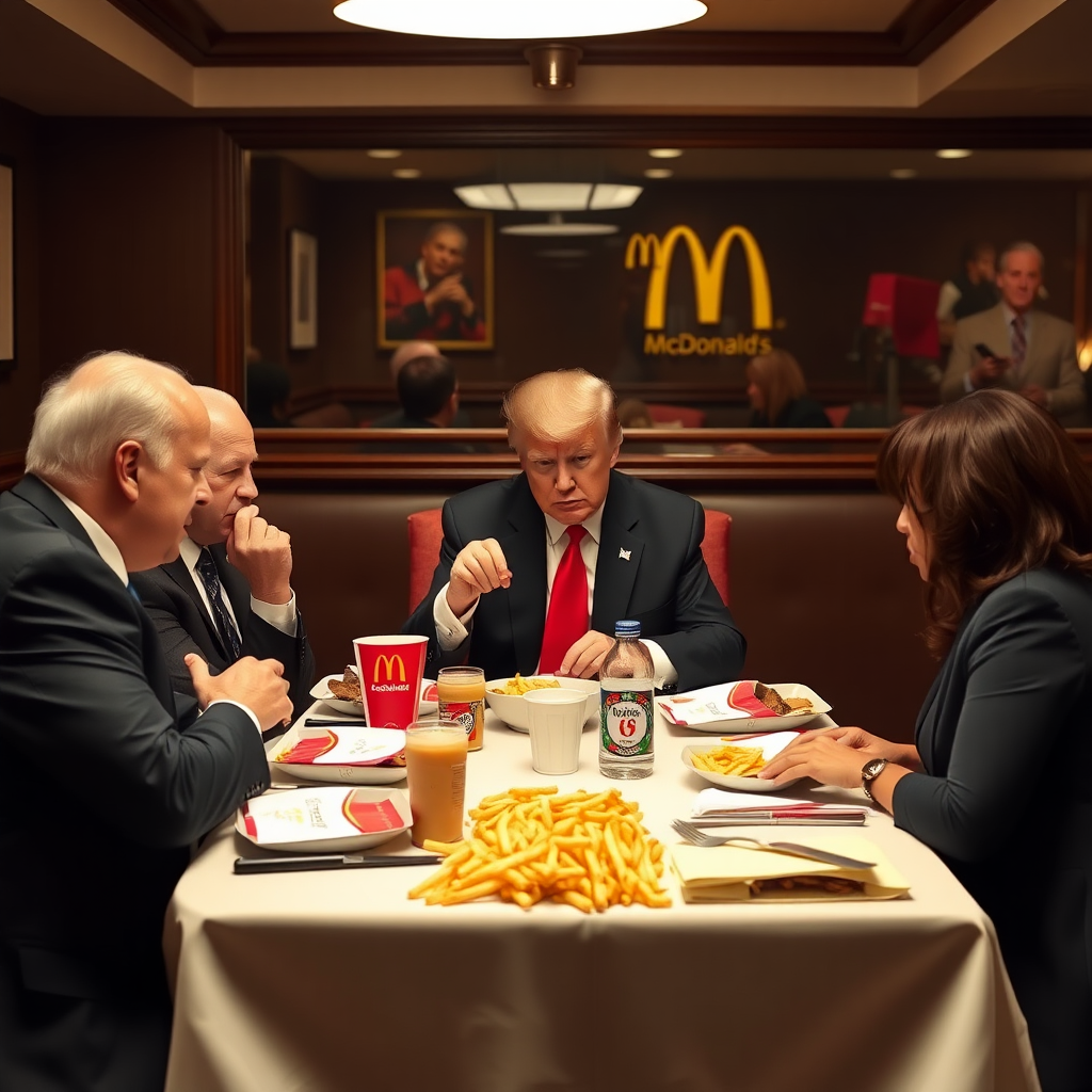 Donald Trump in a dining room eating tons of McDonald's for dinner with Joe Biden and Kamala Harris.