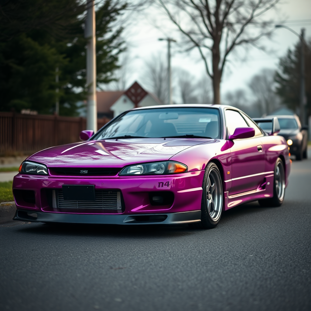 camelonn purple nissan silvia s14 the car is parked on the side of the road, inspired by Taiyō Matsumoto, tumblr, restomod, nd4, c4 cold colors