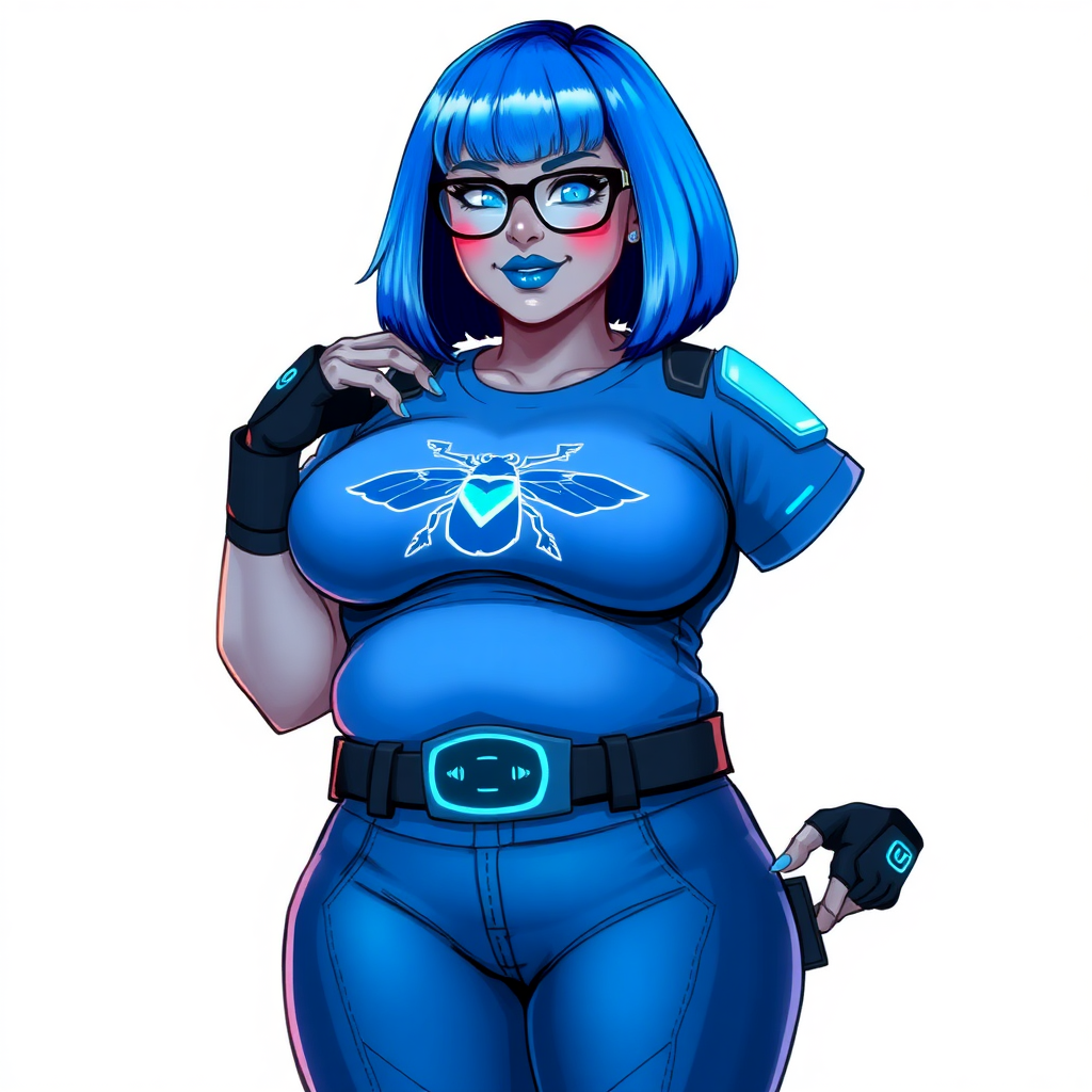 A 28-year-old, full-figured, middle gray skinned computer program hybrid with a maximum blue bob cut. She has a non-athletic build, highlighted by a prominent, round, large midsection (with emphasis on her large belly), which shows the aftermath of her pampering. As the heavily pampered digital sidekick to her cyberpunk vigilante boyfriend, her middle gray metallic skin and maximum blue lipstick emphasize her digital nature. She wears a digital, computerized costume inspired by DC’s Carrie Kelly Robin, consisting of a huge, tight-fitting, maximum blue t-shirt with a neon blue glowing chest icon of a beetle, hi-tech shoulder pads with neon blue accents, a black hi-tech belt with a digital neon blue glowing buckle, digital maximum blue pants with neon blue accents, and black hi-tech fingerless biker gloves with neon blue glowing accents. Her neon blue glowing eyes, black eyeglasses with a neon blue glowing HUD built into the lenses, and shy smile with neon red blush accentuate her nerdiness. She stands bashfully with one hand behind her back and the other hand gently touching her cheek, her costume covering all her skin and emphasizing her full-figured physique (especially her belly). She is clearly non-athletic, with a focus on her full-figured physique. Despite her build, she radiates beauty. She has a slim face compared to her physique, accentuating her radiant beauty. She is on a solid white background. She is drawn as if she were in a retro 2D cyberpunk fighting game.