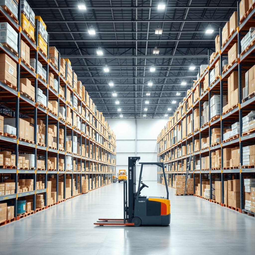 Create a high-resolution photo of a modern warehouse interior. The scene should include tall shelves filled with various boxes and products, a spacious layout with clear pathways, and bright overhead lighting. Include a forklift without an operator and partially open gate. The overall atmosphere should convey efficiency and organization, with a clean and professional look. No text, no humans.