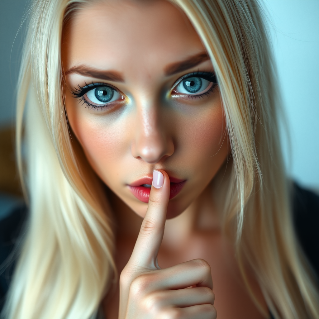 A young woman is holding her finger to her lips, looking at the viewer, blue eyes, blonde hair, solo focus, blurry, lips, eyelashes, blurry background, close-up, realistic. Bleached blonde, black eyeliner, very large eyes, tanned skin. Very long straight hair. Cleavage. Quiet sign with her finger over her mouth.