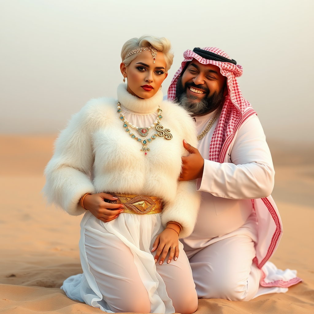 Kuwait desert dunes misty dawn: Melissa, a 17-year-old European very convincing femboy “trophy-bimbo,” tamed, servile, docile, with a very beautiful feminine flawless face, a rather short boyish figure, platinum blond short tight curls, bold red lips, a heavily made-up face, wearing a Supertanya-style fluffy very fuzzy bright white angora turtleneck-poncho cropped ending under the bust decorated with pearls and gemstones, a striking oriental wide gold bridal protection belt, white fully transparent harem pants, full Oriental bridal jewelry with a striking headpiece, full Oriental face-jewelry, a striking diamond “$$$” letter brooch on the left chest, pouting in frustration, hands tied behind the back, kneeling in sand with an older overweight mighty sheik laughing, devotedly embracing Melissa.