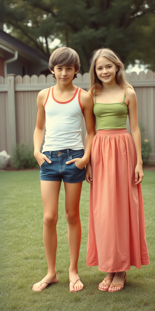 photorealistic, ultra high resolution, 16K, a tall skinny 14 yo teen boy wearing tank top, tight booty shorts, Long legs, bare thighs. With a girl wearing tank top, long skirt. At backyard. Full length view. Vintage family photo, 1970s.