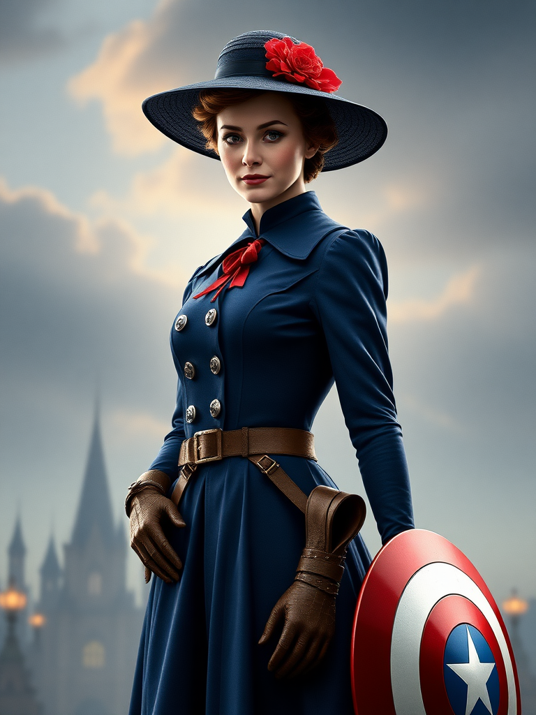 Create a full-length rendered image of Mary Poppins, using Steve Rogers' male figure for the body. Retain Mary Poppins' head, hairstyle, and facial features. Incorporate her iconic costume while adding embellishments inspired by Captain America's uniform. Adjust the costume to fit Steve Rogers' proportions. Design a background that harmoniously combines elements from both characters, emphasizing their unique worlds and styles. Ensure the image captures the whimsical charm of Mary Poppins alongside the heroic essence of Steve Rogers, merging their characteristics into a cohesive and striking new portrayal.