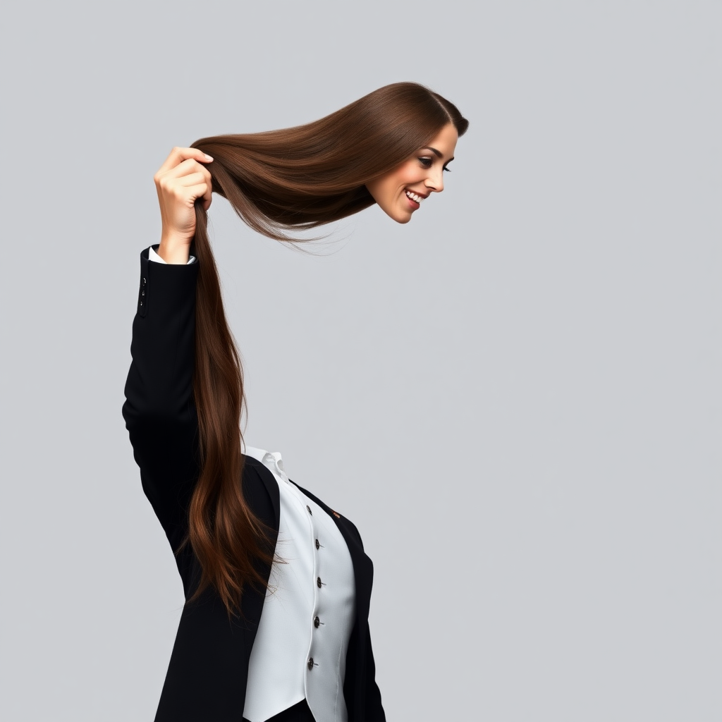 A surreal image of a magician holding up the disembodied head of a very long haired Kate Middleton. He is grabbing her very long hair and pulling it up high in the air, while her head is hanging by her hair from his grasp to display it to the camera. Plain gray background.