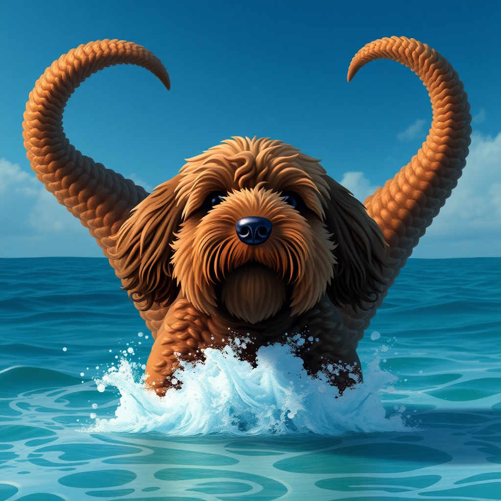 Can you make me a picture of a gigantic chocolate colored cockapoo ocean sea monster coming out of the ocean?