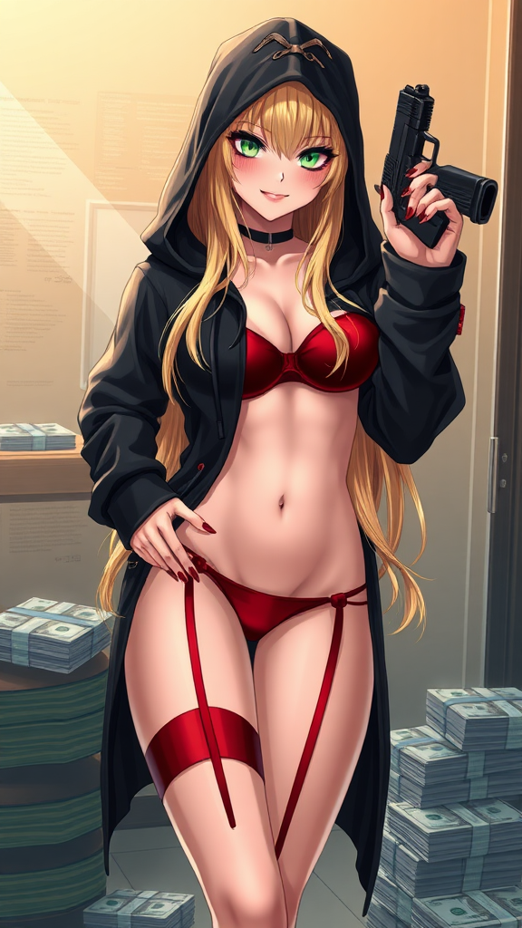 Anime, a sexy seductive and wicked long-blond hair, green-eyes with makeup eyelashes, wearing a black-dark swagger hoodie under a red-bikini and red-gstring thong, red-nails, wicked smile, holding glock-gun in left-hand, bags of cash on floor stolen, standing up