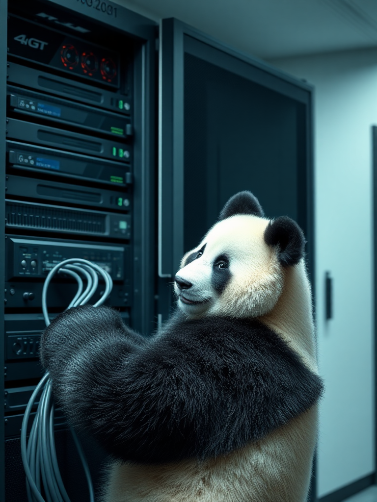 A panda bear inside a computer server room in front of a server rack. The panda is plugging a cable he is holding into a server within the server rack, while looking over his shoulder at the camera and smiling.