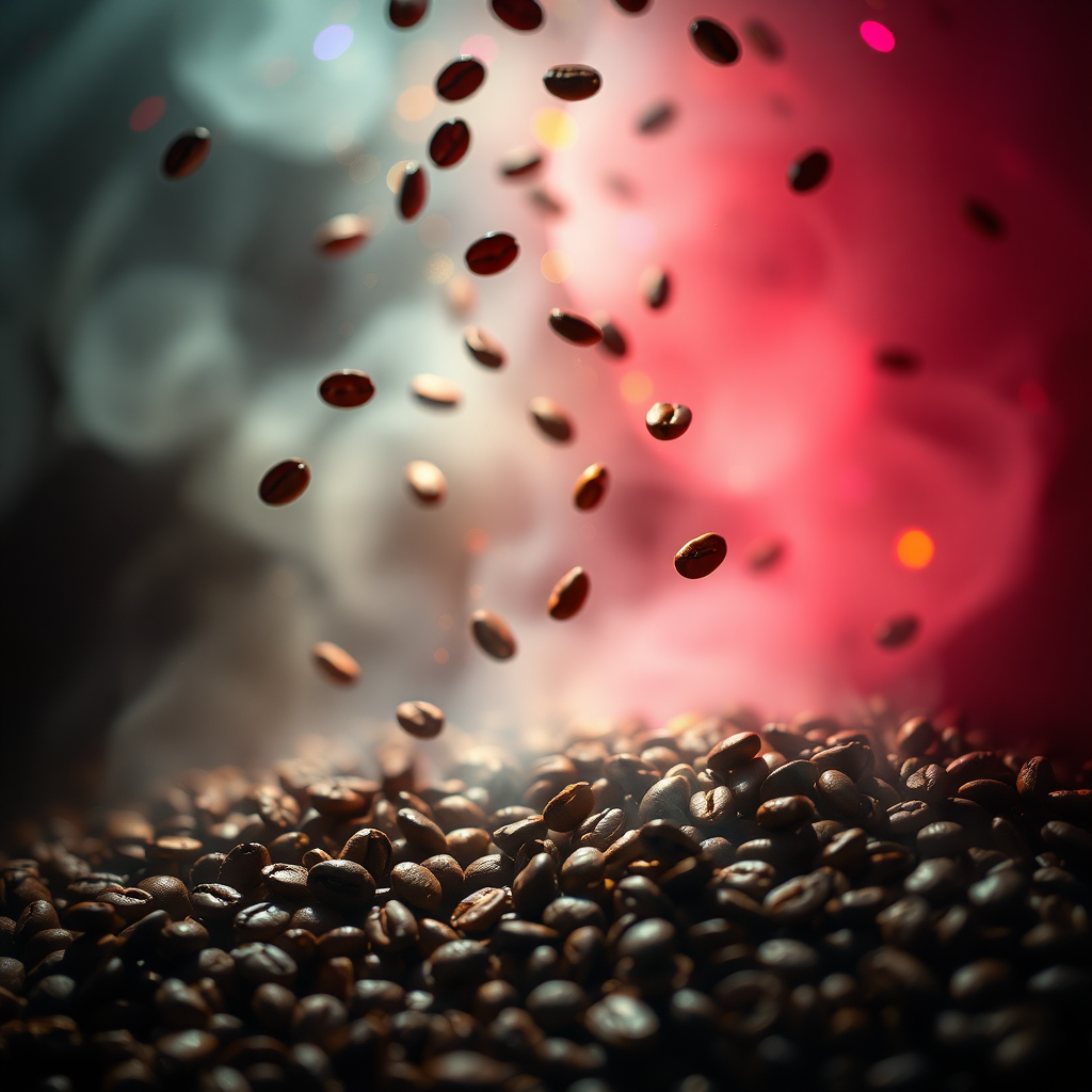 500px, hasselblad, cinematic, super quality, high resolution, crazy detail, complex, very sharp, brenizer method, beautifully illuminated coffee beans, enhancing the transcendent and serene atmosphere. The entire scene is bathed in soft and gentle light, and the mysterious appearance creates a dreamy and serene environment.

Coffee beans fall from above and pile up underneath, creating a photo with a brown roasted coffee flavor.

Featuring an abstract composition focusing on light and color refraction, creating colorful and prismatic effects and dynamic and multifaceted shapes, colorful lights, sparkling fog, abstract patterns, mysterious atmosphere, surreal nature, spiritual beauty, and dynamic contrasts.