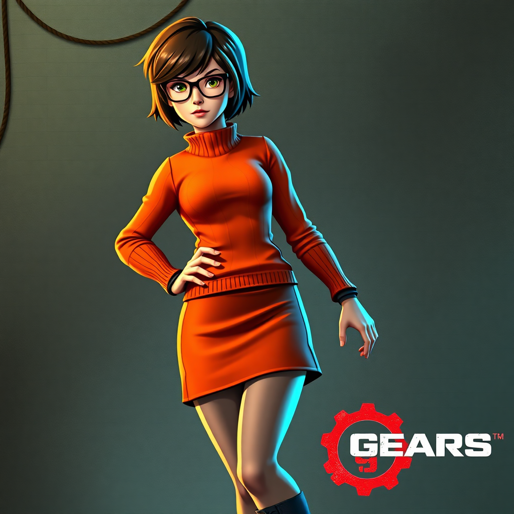 Create a full-length image of Velma Dinkley, using the male figure of Marcus Fenix. Retain Velma's head, hairstyle, and facial features. Adjust the costume to fit Marcus's muscular proportions while keeping the distinctive orange sweater, skirt, and glasses. Design a background that harmonizes elements from both characters, featuring a mystery-solving atmosphere intertwined with a battle-worn aesthetic inspired by Gears of War. Aim for a dynamic pose that reflects both Velma’s intellect and Marcus's strength, blending the essence of both worlds seamlessly.