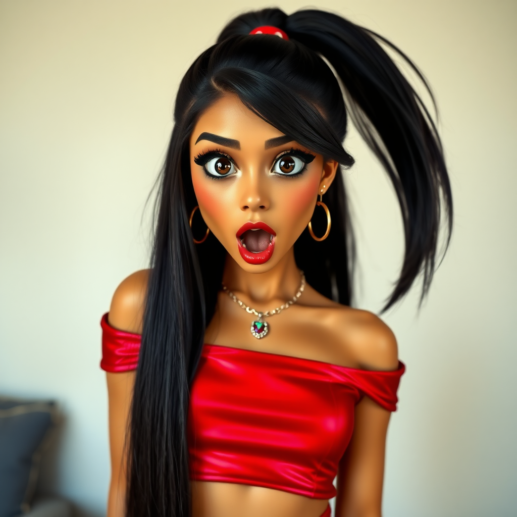 surprised Arabian girl with mouth open. She has very large eyes, black eyeshadow, black eyeliner, fake eyelashes, very tanned skin, very long hair. very high ponytail, red off shoulder shinny crop top. photo realistic, long straight black hair. crop top, pencil skirt, micro skirt, long legs.