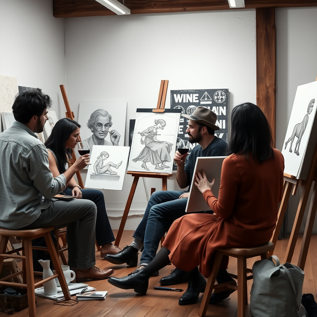 create a photo realistic image of a group of people sitting in an art studio. Each one of them is drawing a picture while some of them drink wine while they are painting. Make the image rectangle and not square