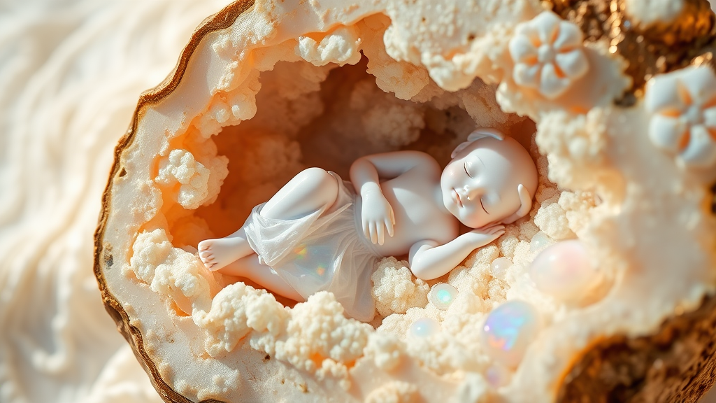 porcelain doll made of opal sleeping in a geode, high quality photo, intricate environment, ultra-detailed, impressionistic, dynamic composition, artistic photograph, geode, alabaster, fractal, brilliant colors, glittering, sunlight, illumination, transparency, translucent, opal