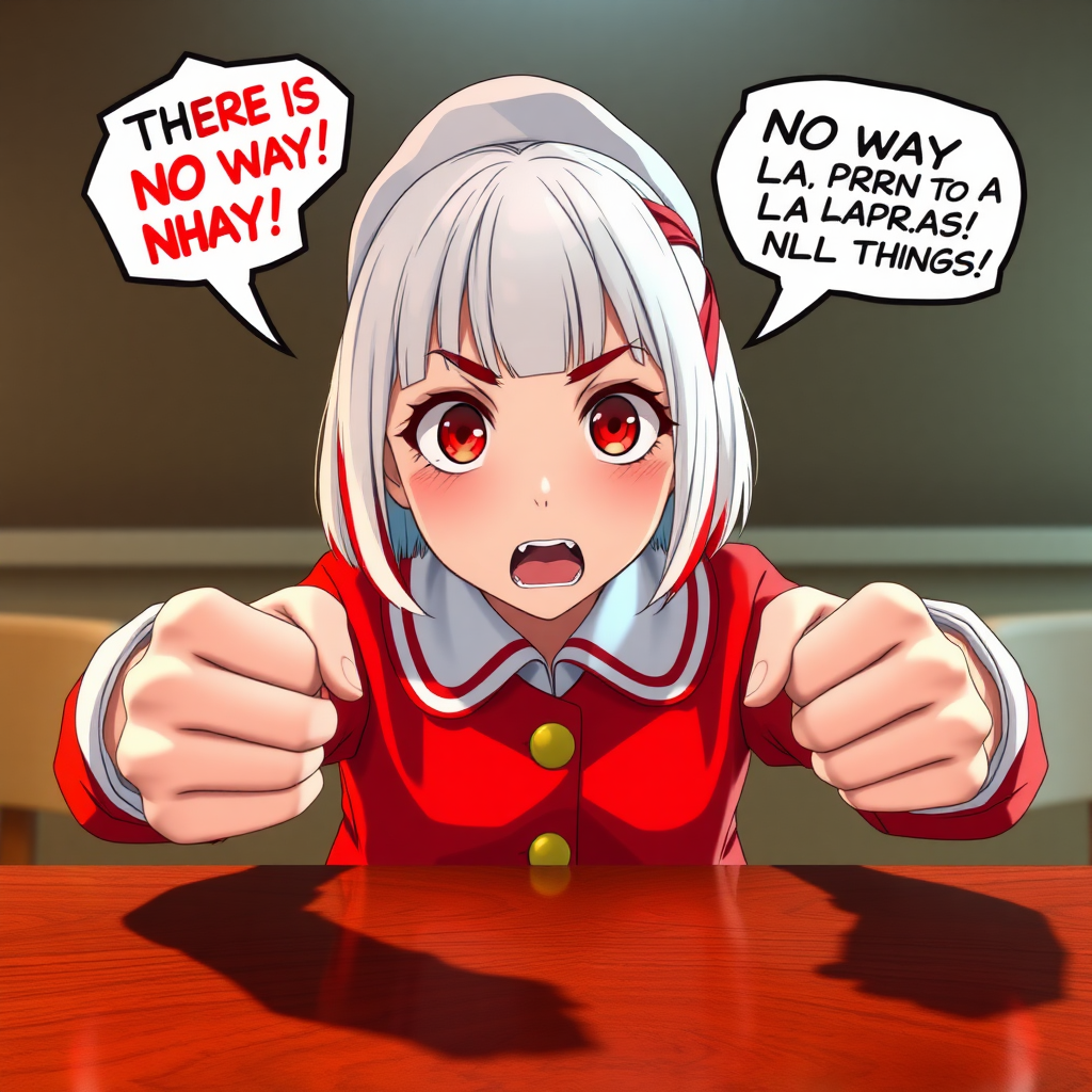 A young girl with white hair and red highlights, bangs, blunt bangs, hair down, medium hair, young girl in a bright, fire-engine red and snowy white school uniform, adorned with golden buttons, white cuffs, and a saluting cap, slamming his fists on a polished wooden table with shocked exasperation. Her expressive facial features display an exaggerated, anime-inspired twist of agony and dismay, his eyebrows arched in incredulity as he exclaims in bold, speech bubble saying THERE IS NO WAY BORN LOST TO A LAPRAS OF ALL THINGS!?’ in a burst of daunting uncertainty. Focus solely on the character, with an anime-inspired art style reminiscent of celebrated artists Makoto Shinkai, Takeshi Obata, and Ryosuke Cohen, characterized by thick, dynamic outlines, rich fantasy colors, bold contrasting textures, and a stylized feel inspired by Japanese manga and concept art. Incorporate aesthetically pleasing complementary colors to evoke a dramatic atmosphere and bring a sense of immersive realism to this fantastical image, as if this character stepped out of the cover of an extremely popular, highly-detailed, 8K matte painting, trending on Artstation, reminiscent of breathtaking concept art created using Unreal Engine 5.