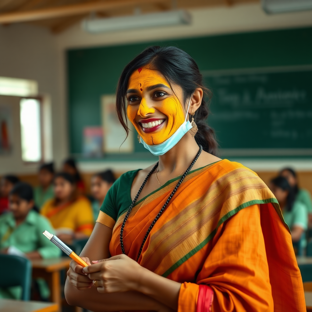 slim, 30 year old, sexy, indian female school teacher, saree, turmeric face mask. She is smiling and teaching in a big classroom