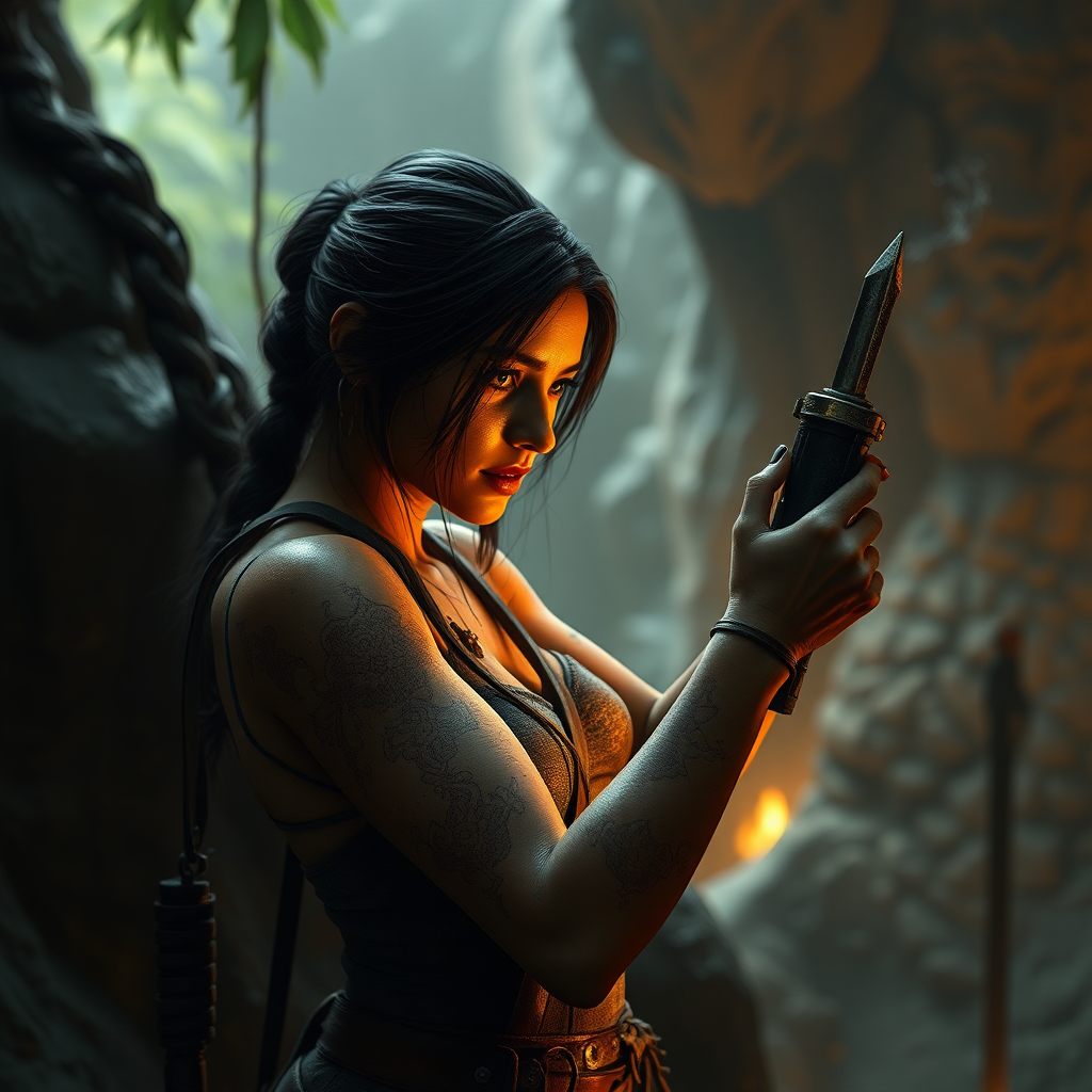 Tomb Raider, Unreal Engine style, Lara Croft finds an ancient dildo relic.