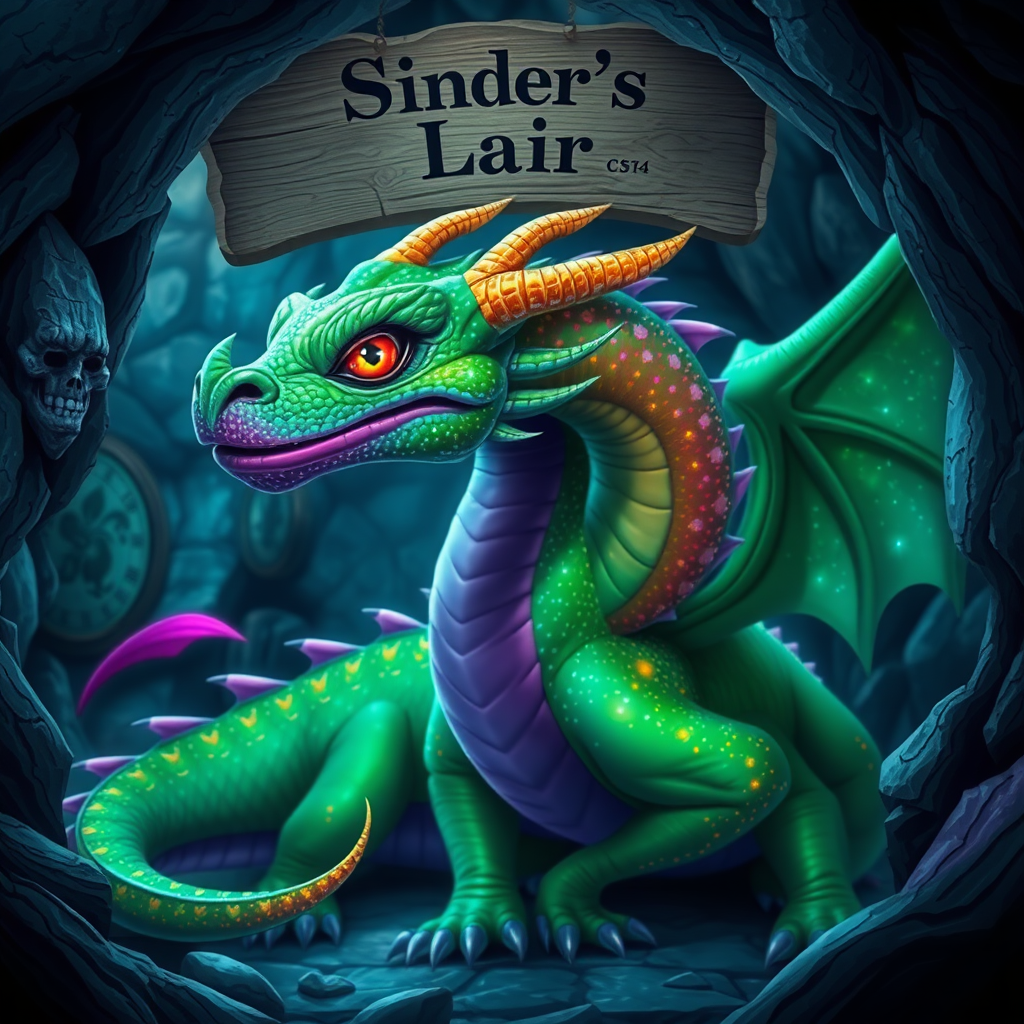 A photo realistic green dragon with rainbow sparkly spots and purple skin in a dragon cave with a sign above it that says "Sinder's Lair"