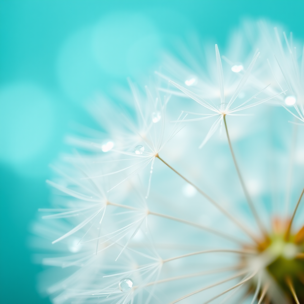 Close-up of delicate dandelion seeds adorned with sparkling water droplets, creating a dreamy atmosphere. The background features a soft gradient from teal to light turquoise, enhancing the ethereal quality. The seeds are translucent with fine, intricate details, while the water droplets capture and reflect light, adding depth and highlights. Soft bokeh effects blend harmoniously in the background, creating a serene, impressionistic aesthetic. Overall, the scene evokes a sense of tranquility and delicate beauty in nature.