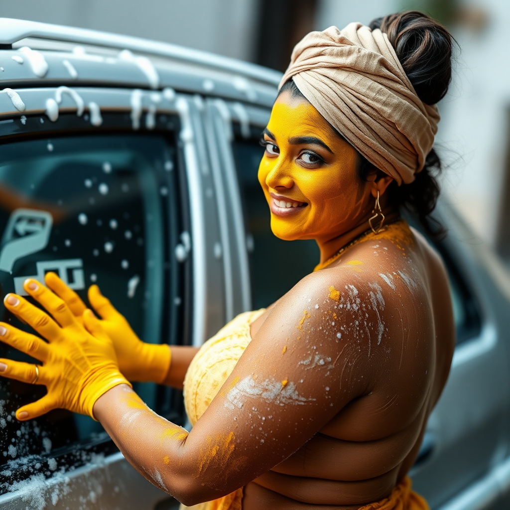 slim, curvy, 30 year old indian maid with hair covering bun, her face is covered with turmeric mask and body is covered with soap lather. she is washing a car