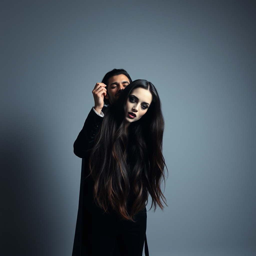 In a well lit room with stark minimalist decor, a magician stands confidently before the camera, his sharp silhouette contrasting against the plain gray background. The atmosphere is thick with a blend of intrigue and eeriness as he holds aloft the severed head of his long-haired female assistant. Her flowing locks cascade around his fingers, glistening dark and vibrant as they catch the light. The magician, with an enigmatic smile, leans forward, pressing his lips to her cold mouth in a disturbing display of affection.

The scene is quiet, except for the soft rustle of fabric as the magician’s cape drapes dramatically around him. A faint chill seems to fill the air, heightening the surreal and macabre nature of the tableau. The head’s lifeless eyes, framed by long lashes, still reflect a glimmer of magic and mystery, inviting the viewer to question the boundary between illusion and reality. The minimalist decor emphasizes the unsettling focal point of the performance, leaving the audience trapped in a moment that is both captivating and chilling.