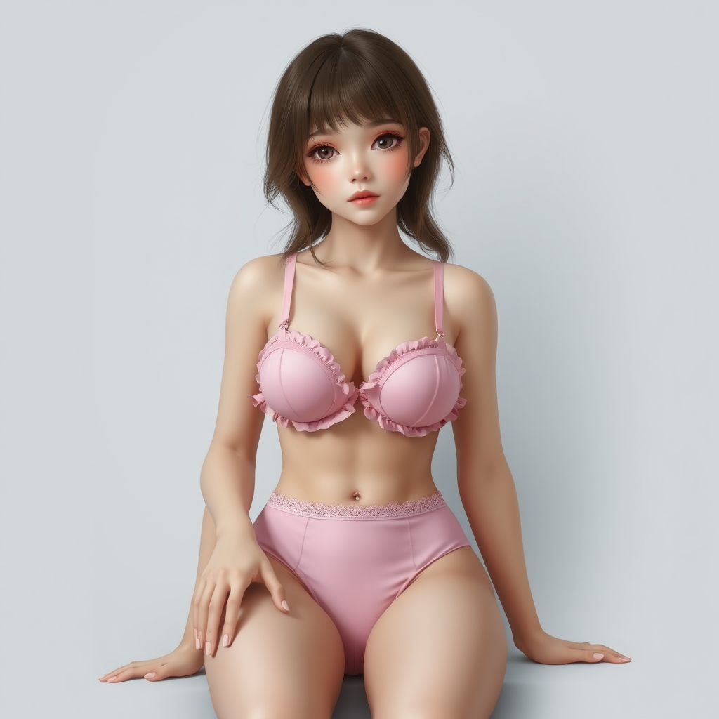 1girl, solo, perfect face, look at viewer, sitting, photorealistic realistic, babydoll, bare arms, bare shoulders, collarbone, cleavage, large breasts, bra, strap slip, frills, underwear, pink bra, navel, pink panties, frilled panties, lace trim, see-through, masterpiece, best quality, highly detailed,