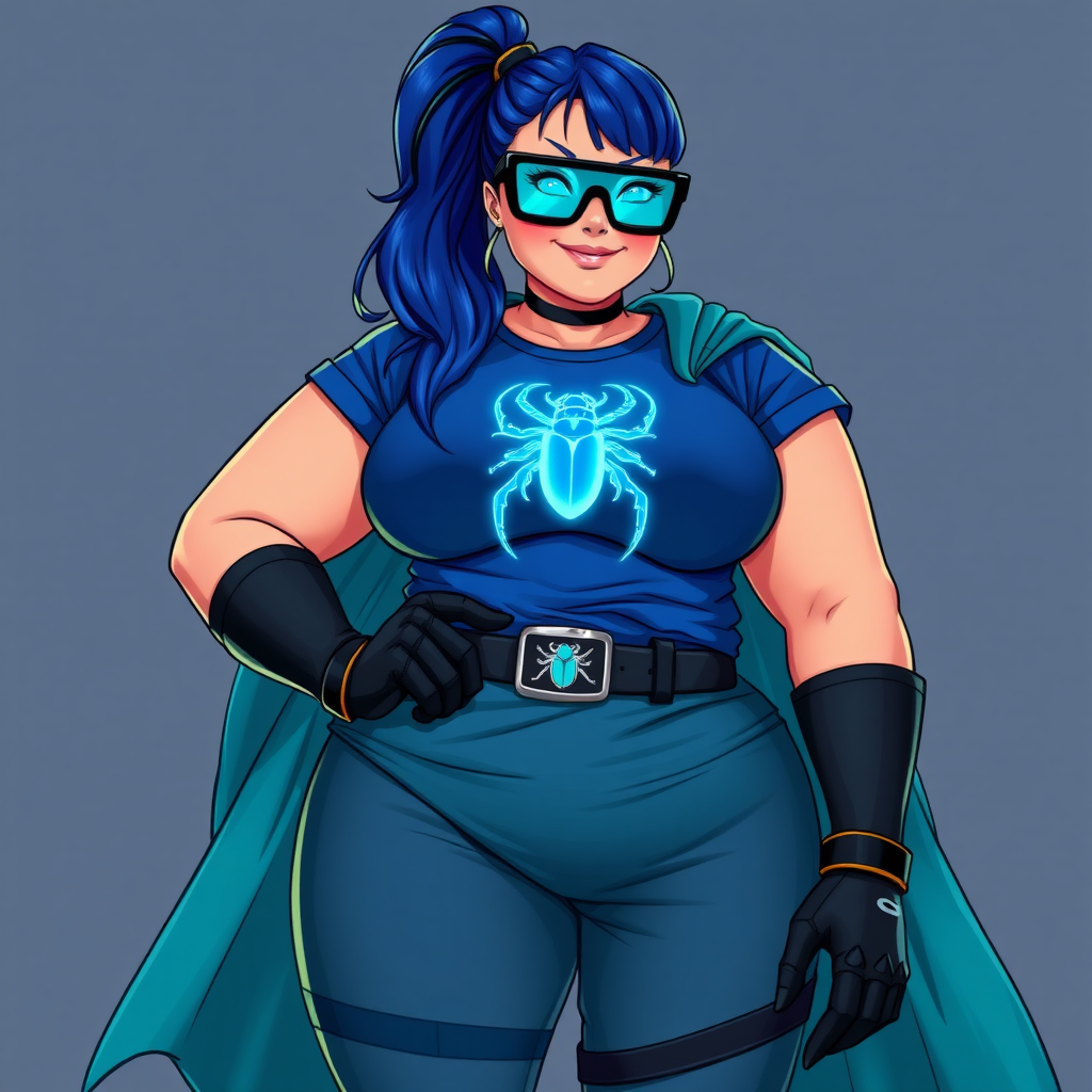 A 28-year-old, full-figured tech genius vigilante, she is the devoted girlfriend and nerdy sidekick of a cyberpunk vigilante. Her maximum blue ponytail and glowing sapphire eyes are striking features. Her prominent, round, large midsection, gigantic limbs, and broad shoulders define her full figure. As the loyal and supportive sidekick, she plays a crucial role in their missions, using her digital and technological prowess to assist and protect.

She wears an oversized maximum blue t-shirt with a glowing neon blue beetle chest icon, maximum turquoise skirt and cape, a black belt with a sapphire scarab beetle, and black high-tech shock gloves. Her neon red blush and lovestruck smile are ever-present. Her full figure shows how massive effects of the pampering by her doting boyfriend. Her nerdiness is unmistakable, accentuated by her black oversized eyeglasses with maximum turquoise lenses that functions as her eye mask. She serves as her boyfriend’s indispensable crime-fighting partner. She is drawn as if she was in a retro 2D cyberpunk fighting game.