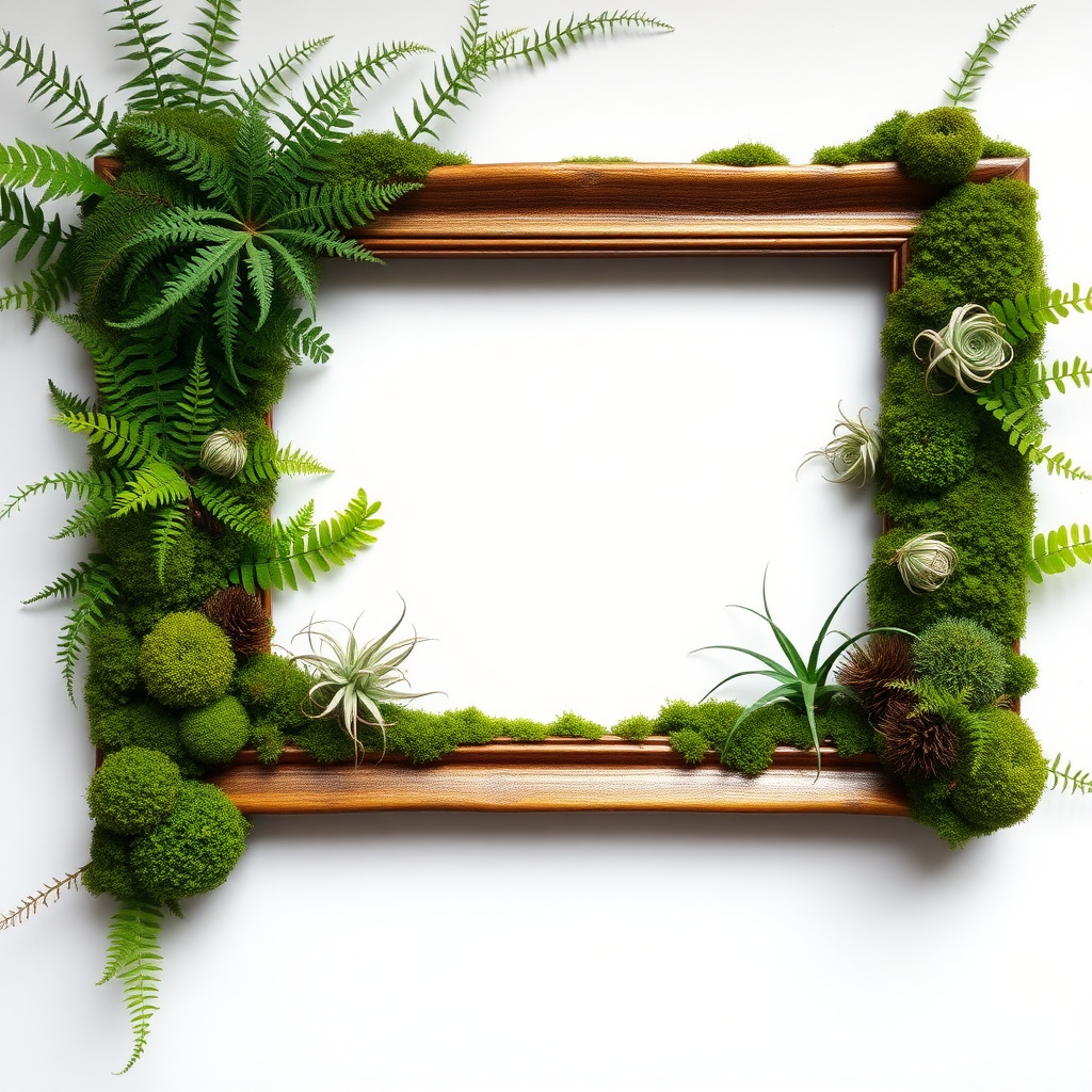 A horizontally placed picture frame is filled with ferns, moss, and air plants. The moss covers the inside of the frame without spilling over onto the frame's edges.