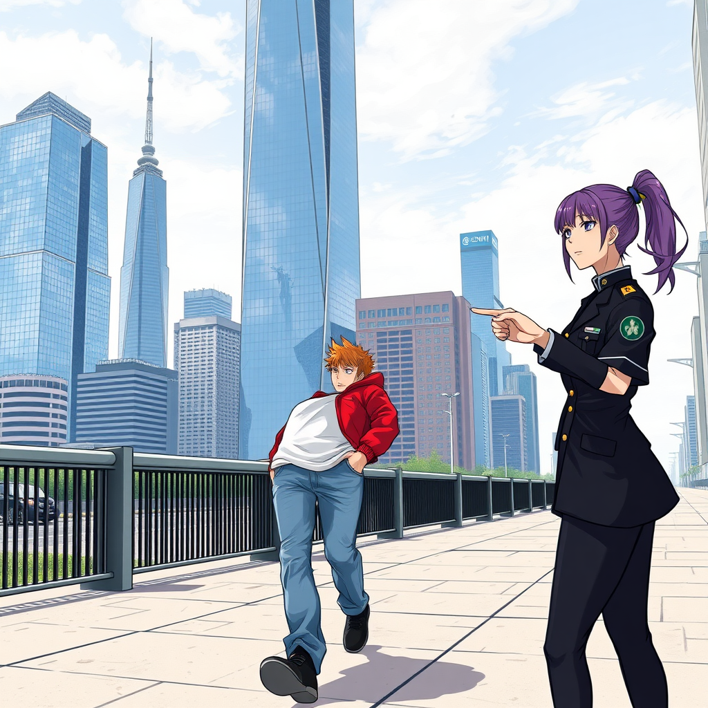 A twenty-four-year-old man with short spikey orange hair wearing a red jacket over a white T-shirt, blue jeans, and black shoes is walking down the sidewalk looking at the skyscrapers of the city in the year three thousand. A young woman with long purple hair done in a ponytail and one central eye wearing a black uniform with a small silver badge is holding a pale green tool with two large spikes at one end and pointing at the man with her free hand.