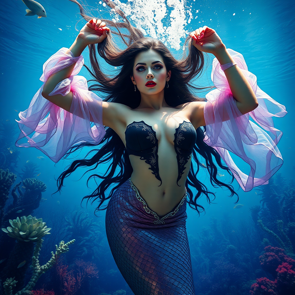 Vampirella as a fit and trim mermaid underwater amazing loose flowing hair floating in a nimbus around her beautiful face her arms outstretched languidly over her head. she's looking down into the viewer's eyes making intense eye contact. diaphanous gossamer. Burlesque. Stunning undersea life details plants and fish and other creatures of the sea. Impressive, shining scaled mermaid tail. Amazing HD DSLR photographic output.