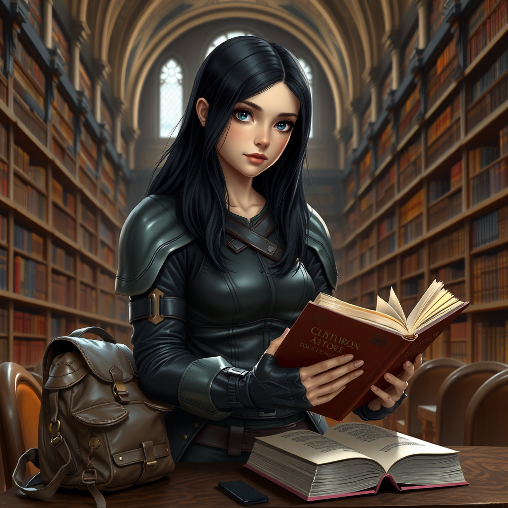 beautiful young woman, dark hair past her shoulders, blue eyes, small, slim figure, wearing full leather armor suit, sitting, reading book, on the table, a sandwich and backpack, in a grand old library.