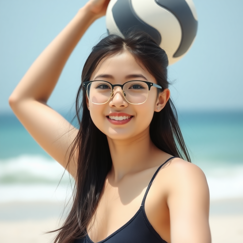 Asian girl with gorgeous face, wearing glasses, in beach playing volleyball, white skin, tall