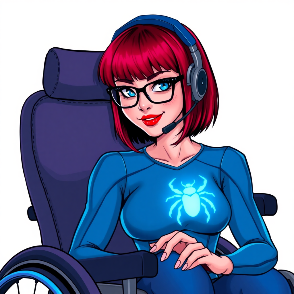 A nerdy 28-year-old computer hacker in a wheelchair, with a ruby red bob cut, maximum blue lipstick, blue eyes, wearing a maximum blue bodysuit featuring a neon blue glowing beetle chest icon. She has a sapphire headset, black eyeglasses, a lovestruck smile, and neon red blush. She serves as her vigilante boyfriend’s computer expert from his hideout, working diligently at her computer. The background is solid white. She is drawn as if she was in a retro 2D cyberpunk fighting game.