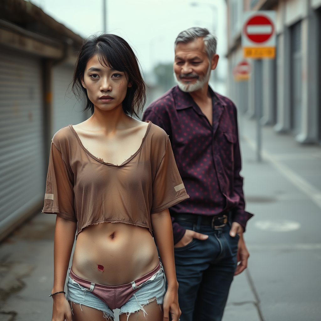 A young, unkempt, neglected, homeless, unhygienic, and slightly undernourished Asian woman, who seems out of this world, is depicted as a complete person with maximum allowed exposure, as if she is alone in the world. She is mostly tattered and without clothing, because she is slim and has an athletic body. Her sad, hopeless, and mystical facial expression is meant to dominate the image. Her skin is healthy but impure, as she hasn’t been able to wash for days. Her shame increases out of fear of her possible unpleasant smell! The Asian woman wears a torn, old, completely transparent, extremely short, and crop top shirt and a totally ripped, tattered, old short pair of shorts. An extremely clear sense of shame is visible on her face. No smile can be seen. She is intensely ashamed. Her small and inconspicuous belly button is always visible. The Asian woman has a very beautiful, normal, youthful, yet feminine physique. Her slim figure is enviable! She has a noticeable wound on her face and looks as if she is about to cry. She appears miserable, sad, and completely hopeless! It seems as though she is afraid of something! Facing her is a 60-year-old German man. The German man, still looking youthful and well-groomed, looks at the Asian woman as if he wants to offer her help. The German man is shaved and slim, has a normal fashionable haircut, and his hair is dark brown. He wears a new, beautiful, but simple burgundy shirt with a subtle pattern and new dark blue jeans. The German man looks sympathetic, smiling slightly and looking at the Asian woman kindly, as if he has great compassion. The Asian woman cannot look the German man in the eye due to her shame, but it is evident that she likes him.