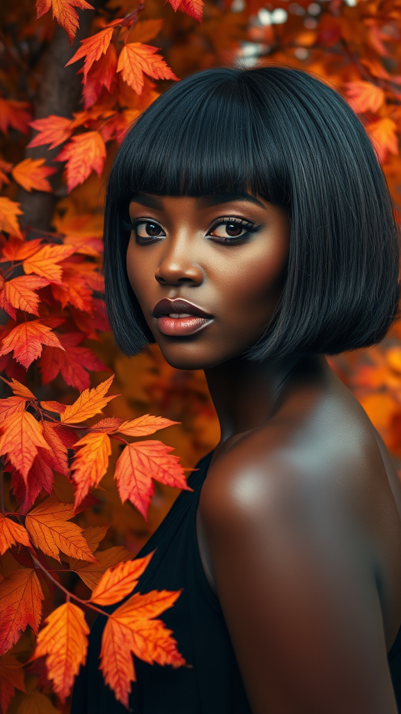 Beautiful model Naomi Campbell with a square bob haircut, surrounded by autumn foliage, in high definition.