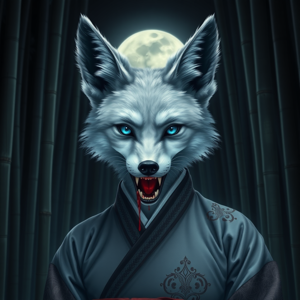 a eerie-looking silverfox with blue eyes in a female Korean big breasted hanbok the mouth half open with blood on the teeth, in front of the full moon in a bamboo forest