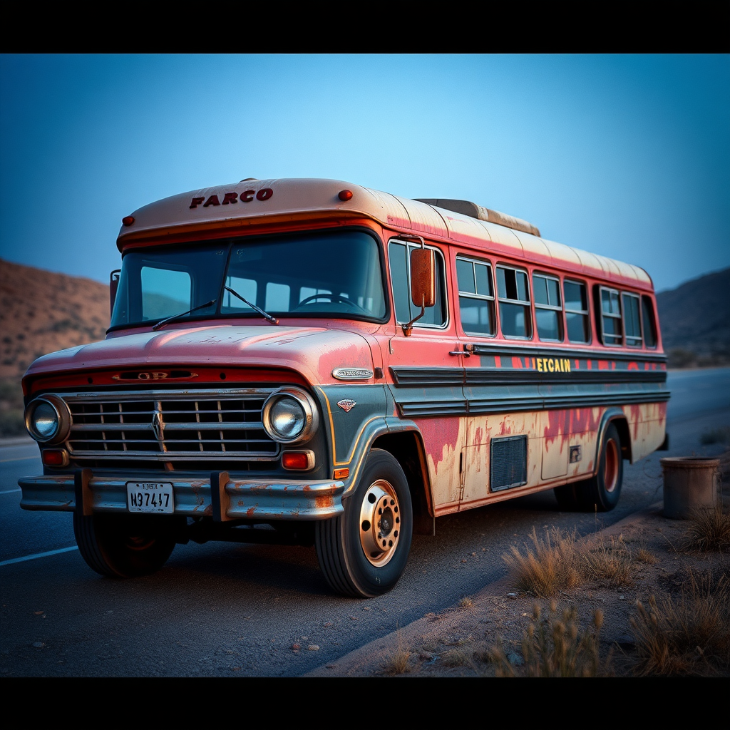 ford falcon mad max post indian apokaliptik dust rusty zombie the bus is parked on the side of the road, inspired by Taiyō Matsumoto, tumblr, restomod, nd4, c4