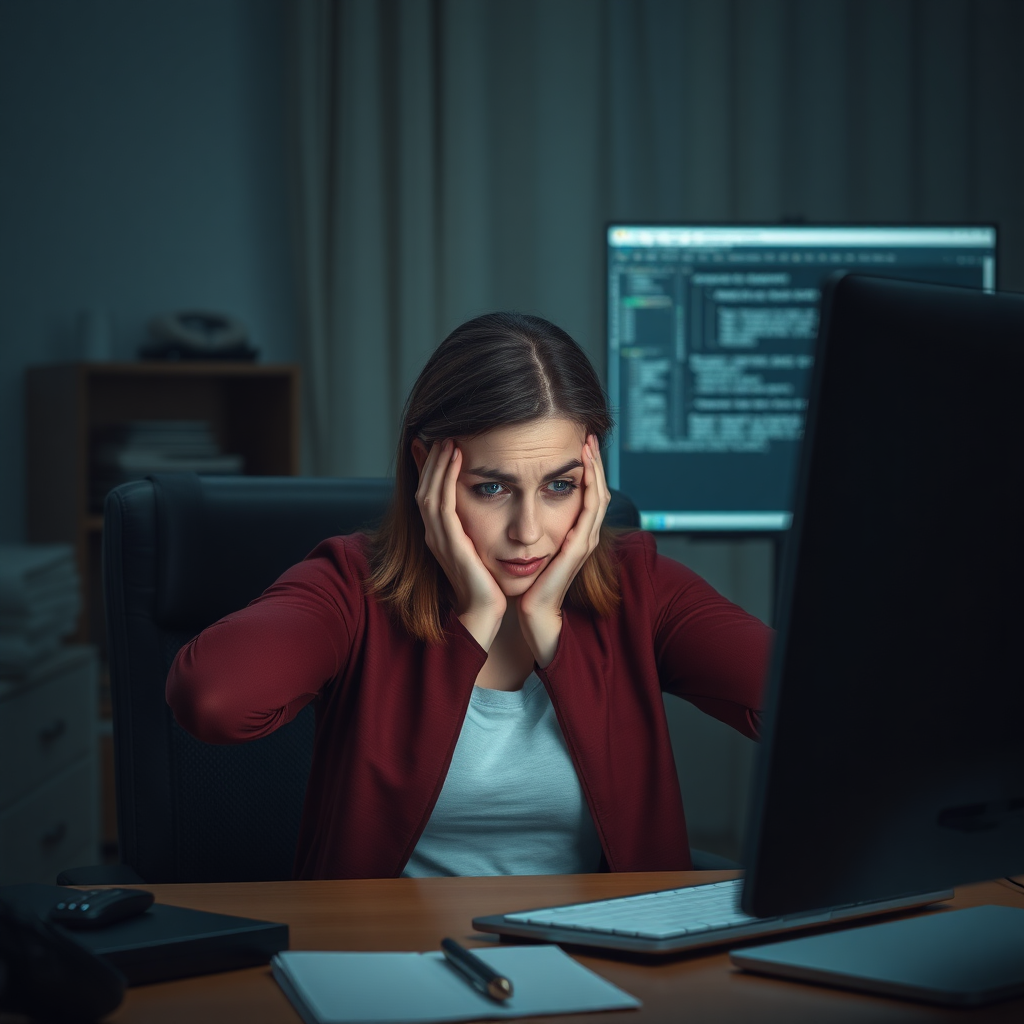 Create a realistic scene of a desperate pretty nice woman sitting in front of a computer. Her posture should reflect frustration, with her hands either on her face or gripping her head. Her surroundings are a typical home or office workspace, with dim lighting adding to the tense and stressful mood. The computer screen could show error messages, glitches, or something causing her distress. The woman’s expression should be a mix of anxiety, exhaustion, and despair, with subtle attention to facial details like furrowed brows or clenched jaws.