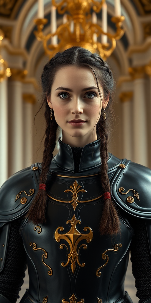 exact 7 meter distance Wide shot, make sure in full length and 32k, super detailed master piece focused on face of a young English queen in a knight's outfit from exact 7 meter distance while whole body is visible without any cuts, with big blue eyes and beautiful face with braided dark hair, looking straight to camera at center of the composition. she is happy and cheerful, with a surprised and lively look, she attracts everyone's attention and to be dazzled by its calmness and irresistibleness. There is a magical quality to her eyes, a determined stance standing at the center of the composition, while her magnificent full-length, all-black armor with high collars and blackened plate is perfectly polished, adorned with golden slime motifs with inlays and lustrous decorative stones, along with heeled boots from Shakil, polished like obsidian. At the heart of a grand hall, with white marble columns where golden chandeliers drip with sparkling crystals, a stunning figure commands attention. great at both photos and artistic style, incredible contrast and shading, hyper realistic, cinematic, depth of field, great at both photos and artistic style, HDR+, incredible contrast and shading, hyper realistic, cinematic ((( Master Piece ))) (( Golden Rule ))