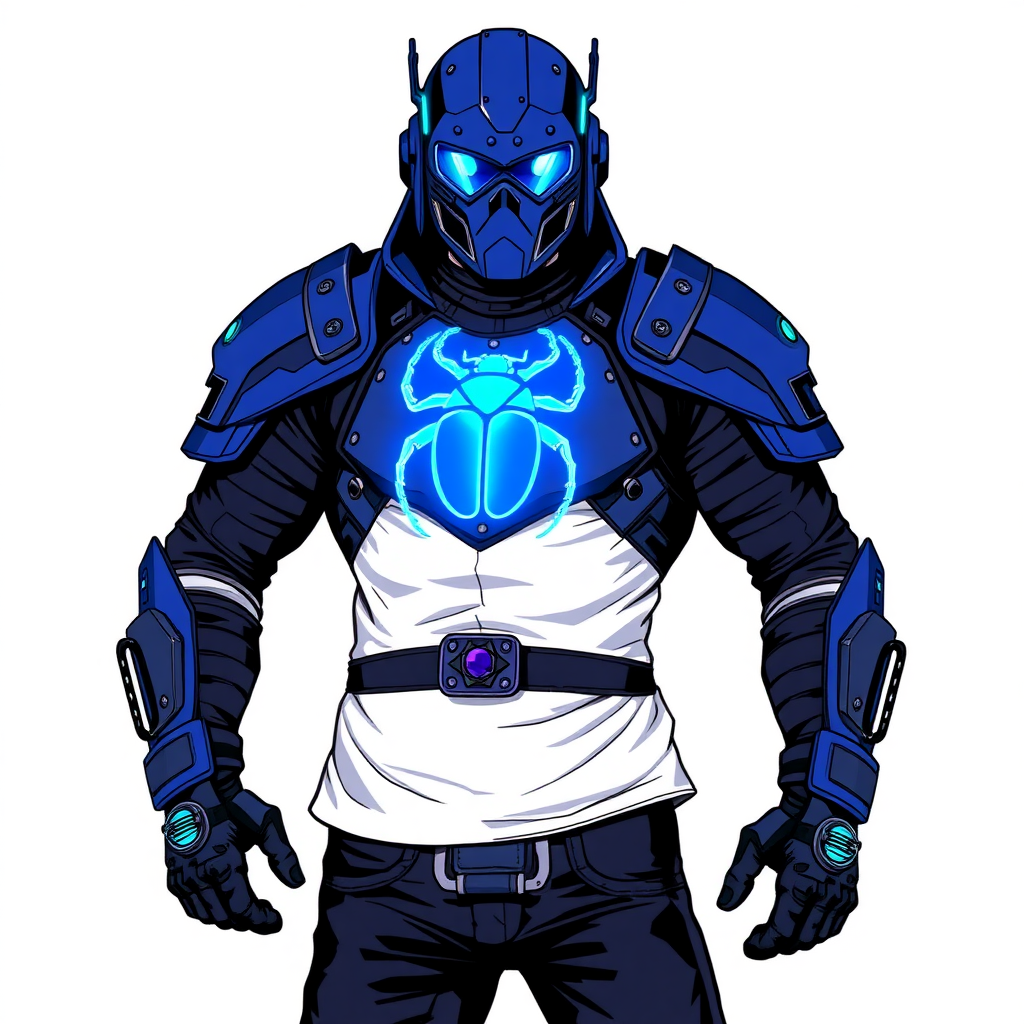 A 28-year-old cyberpunk vigilante stands heroically, clad in a high-tech, maximum blue armor featuring a neon blue glowing beetle on the chest. They wear black biker pants, a black belt with a sapphire beetle buckle, and a maximum blue head covering helmet with neon blue glowing lenses. Their hands are protected by black metal gloves, all set against a solid white background. He is drawn as if he was in a retro 2D cyberpunk fighting game.