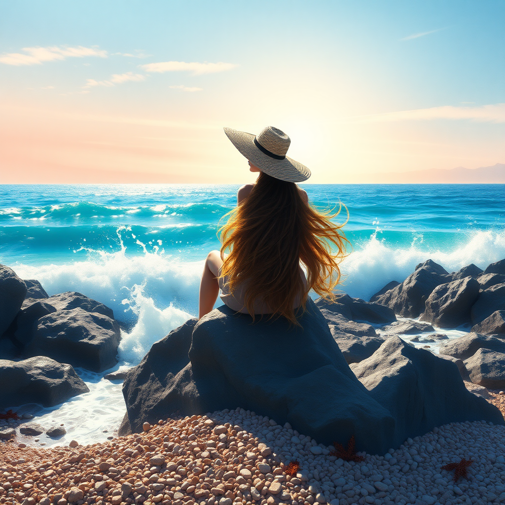 In a tranquil coastal setting, a young woman with lustrous, long, flowing hair is elegantly perched on a jagged rock, her silhouette beautifully framed by the contrasting azure sea. She dons an oversized, wide-brimmed hat, crafted from delicate straw, which casts a gentle shadow over her serene face, hinting at a contemplative expression. The waves crash around her with rhythmic ferocity, sending delicate sprays of saltwater glimmering in the sunlight, while a playful breeze dances through her cascading hair, creating a mesmerizing spectacle of movement.

Surrounding this scene, the picturesque shoreline is adorned with shimmering pebbles and the occasional seaweed, contributing to the beach's vibrant texture. The sky above is painted in soft pastels, transitioning from warm peach to icy blue as the sun begins its descent into the horizon. The scene is rendered in a style reminiscent of Pino Daeni's academic art, infused with the soft, atmospheric qualities of Australian tonalism.

This stunning 8k resolution artwork comes to life through a masterful gouache technique, resembling an ethereal watercolor museum display. Each thick brushstroke and layer of impasto gouache brings depth and richness, enveloping the viewer in an immersive landscape. The cool color splashes contrast against warmer highlights, creating a dynamic interplay that draws the eye across the canvas. The matte painting technique enhances the sophistication of this impressionist maximalist masterpiece, making the viewer feel as though they could step into this serene moment by the sea.