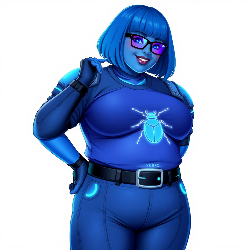 A 28-year-old, full-figured, metallic maximum blue (5PB 5/10) skinned computer program hybrid with a maximum blue bob cut. She has a non-athletic build, highlighted by a prominent, round, large midsection (with heavy emphasis on her belly), which shows the effects of her love of junk food acquired from her boyfriend. As the full-figured, nerdy, digital sidekick to her cyberpunk vigilante boyfriend, her metallic maximum blue skin and maximum blue lipstick (5PB 5/12) emphasize her digital nature. Her skin has a subtle, animated glow, with digital patterns occasionally flickering across it, making her digital nature obvious. She wears a digital, computerized costume, consisting of a huge, tight-fitting, maximum blue t-shirt (5PB 5/12) with a neon blue glowing chest icon of a beetle, hi-tech shoulder pads with neon blue accents, a black hi-tech belt with a digital neon blue glowing buckle, digital maximum blue pants (5PB 5/12) with neon blue accents, and black hi-tech fingerless biker gloves with neon blue glowing accents. Her neon blue glowing eyes, black eyeglasses with neon blue glowing lenses equipped with a built-in HUD, and bashful smile with neon red blush accentuate her nerdiness. She stands bashfully with one hand behind her back and the other hand gently touching her cheek, her costume covering all her skin and fully emphasizing her full-figured physique (especially her belly). She is clearly non-athletic, with a focus on her full-figured physique. Despite her build, she radiates beauty. She has a slim face compared to her physique, accentuating her radiant beauty. She is on a solid white background. She is drawn as if she were in a retro 2D cyberpunk fighting game. Ensure her skin has a maximum blue (5PB 5/10) skin tone.