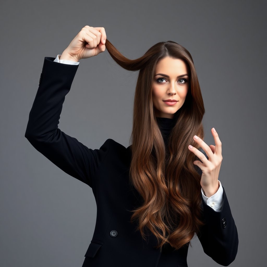 A surreal image of a magician holding up the disembodied head of a very long haired Kate Middleton. He is grabbing her by her long hair and holding up her head high in the air to display it to the camera. Plain gray background.