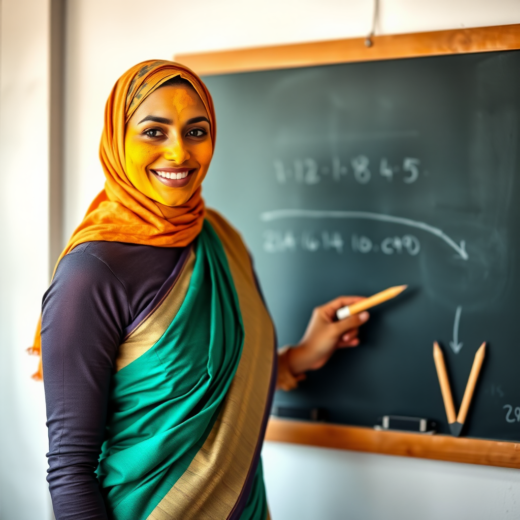 slim, 30 year old, sexy, french female school teacher, saree, scarf head, turmeric face mask. She is smiling and teaching on a blackboard