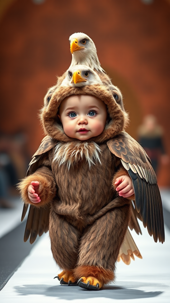 A cute small chubby fair baby with big eyes, pink lips, and pink cheeks, wearing a furry cozy eagle costume, doing a ramp walk in a fashion show while walking with a real eagle. A cinematic eagle is sitting on the baby's head.