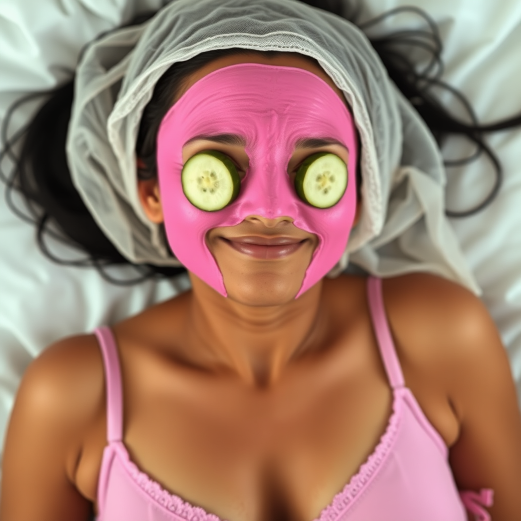 A skinny, traditional, 30 year old Indian wife with hair covering, wearing a bra, lying on a bed. Her face is covered with a pink face mask, and her eyes are covered with cucumber slices. She looks satisfied from her facial expression.