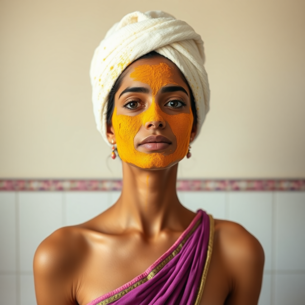 slim, 30 year old, indian Bride, towel head, turmeric face mask