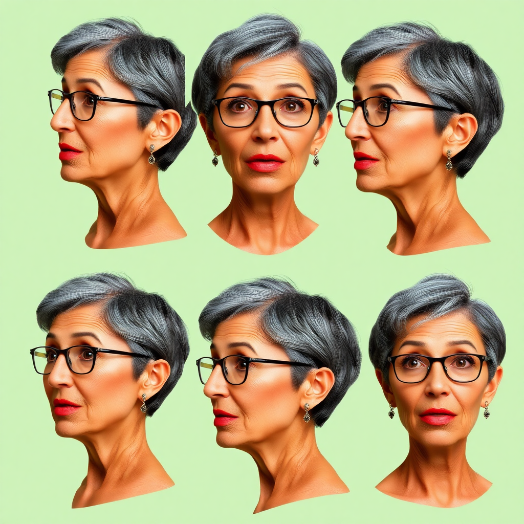 Photorealistic image of six headshots of a 50 Years old, fit, European, Latina, sharp aquiline nose, wrinkles, high cheekbones, Middle Eastern, Skinny, Tanned skin, Dark light skin, full Makeup, jewelry, Sharp nose, exaggerated expression, surprised, overwhelmed, delighted, mouth open, dark grey Ash hair, short bowl haircut, Brown eye color, Glasses, with detailed features. Each photo displays the same face in back, profile and front view, cut out and isolated on a green background. All six heads are visible side by side, empty space around each view, no overlapping.