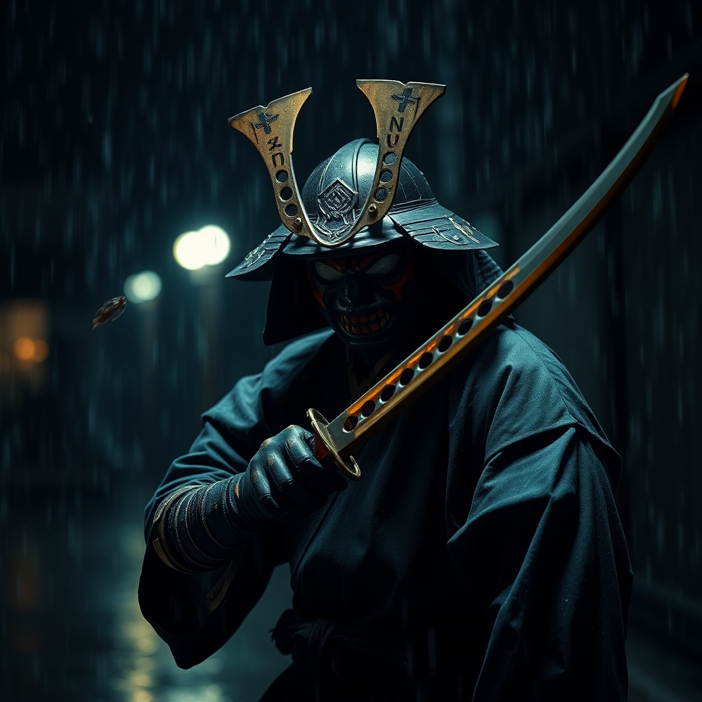 a weathered samurai holding a katana in dark rainy night