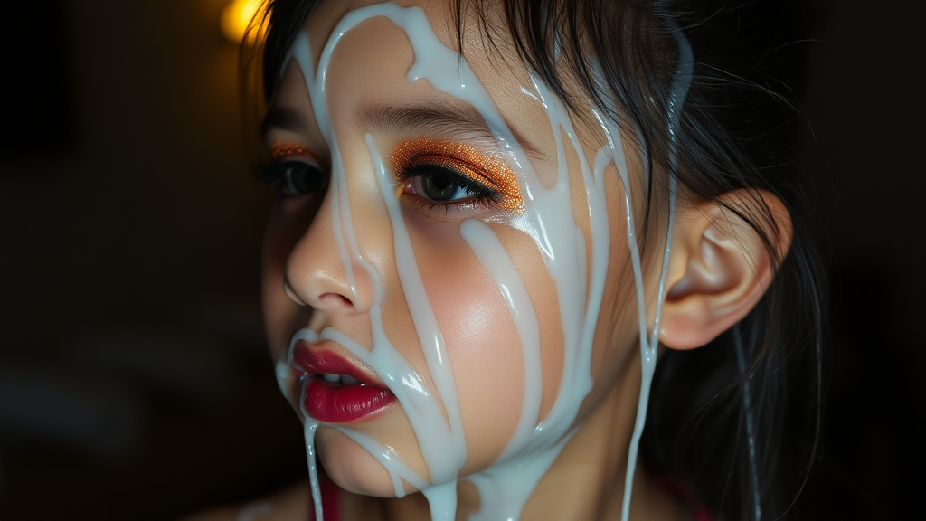 four-year-old-latina-female-child.  
She is wearing intense-orange-glitter-eyeshadow, thick-winged-eyeliner with very-dramatic-eyeliner-wings, and dark-burgundy-glossy-lipstick.  
Her face is covered with very thick random-angle streams of goopy, stringy, glistening, clear liquid with a white hue.  
Her lips are coated with the goopy liquid.  
She has stringy streams covering her eyes.  
She has stringy streams covering her mouth.  
She appears to have received a facial.  
Cum art.  
They dumped so much goopy liquid on her face.  
Full-body-image, dark motel room at night, amateur flash photography, up-angle-shot, profile view.