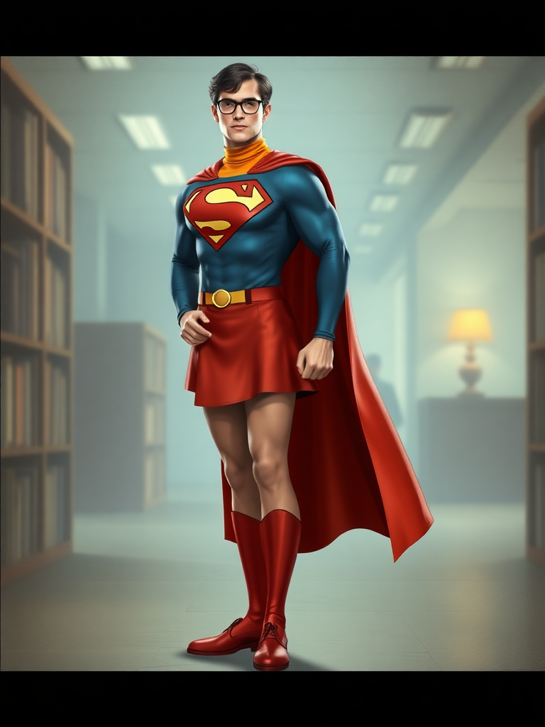 Generate a full-length image of a character: Superman with the body attributes of Velma Dinkley (same height, frame, and shape). Incorporate embellishments and elements from Velma's costume, such as her orange turtleneck, red skirt, and black-rimmed glasses. Superman's iconic elements should also be present, like the "S" symbol and cape. The background should reflect an appropriate setting for both characters, such as a library or crime scene with a touch of a superhero environment.